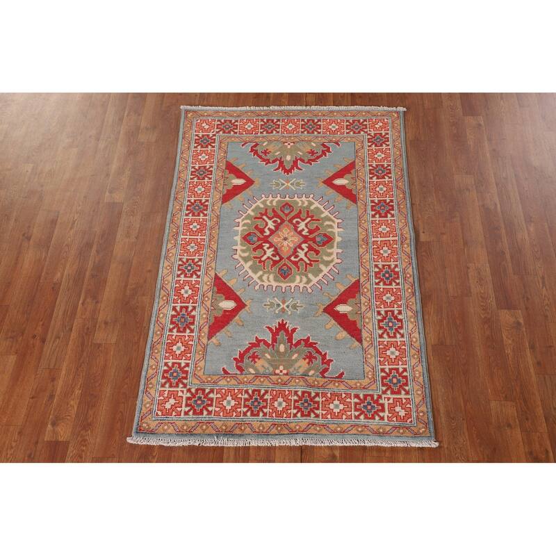 Geometric Kazak Accent Rug Hand-Knotted Oriental Blue Wool Carpet - 3'3"x 5'0"