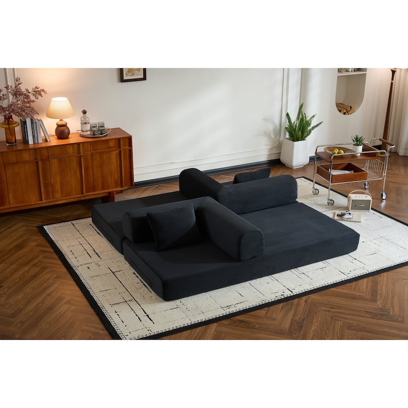 Convertible Sleeper Sofa Bed with Pillow, Corduroy Folding Mattress Couch with Fixed-Shape Frame, Floor Lounge Loveseat Sofa