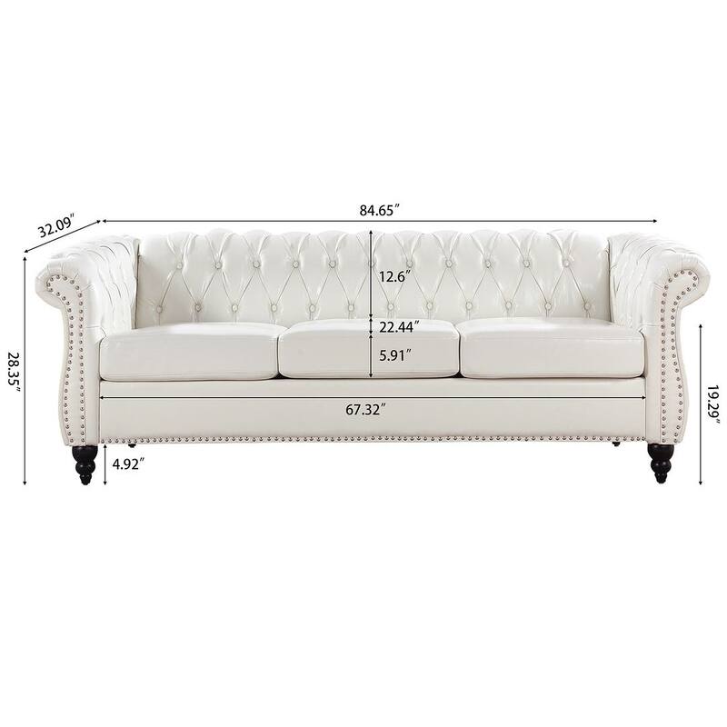 84.65" Chesterfield Tufted Faux Leather Sofa with Rolled Arms