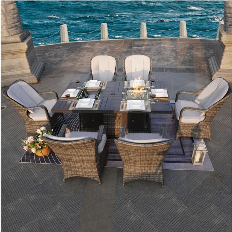 7-Piece Patio Rattan Dining Set with Ice Bucket and Firepit