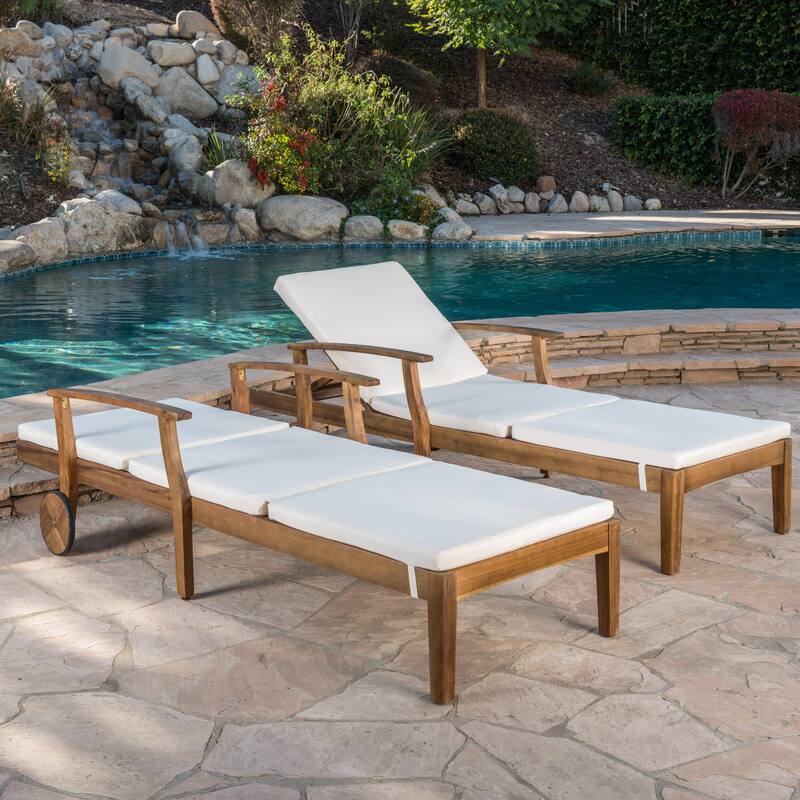 Perla Acacia Wood Chaise Lounge (Set of 2) by Christopher Knight Home - Teak + Cream