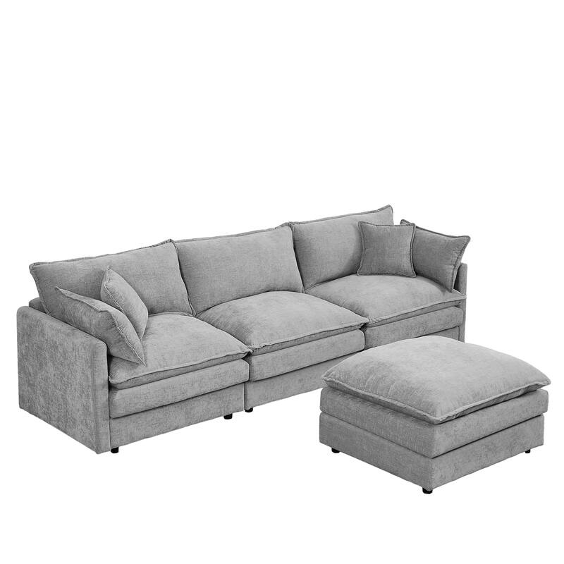 L Shaped Modular Sectional Sofa with Movable Ottoman, Chenille Upholstered Cloud Couch, Deep Seat Sofa with Pillow
