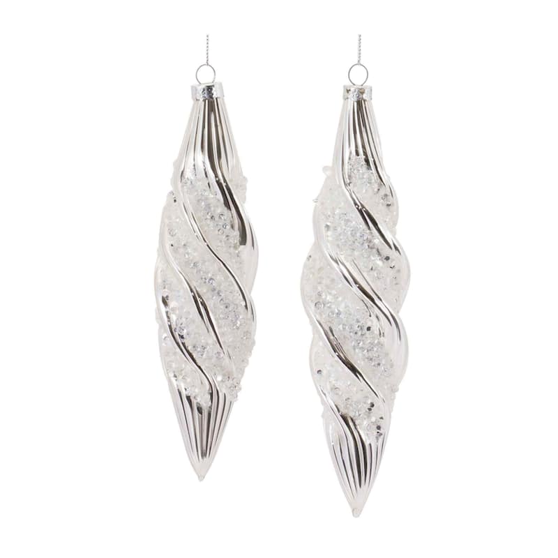 Shiny Finish Swirl Glass Christmas Drop Ornaments 8" 200mm Silver 6Ct