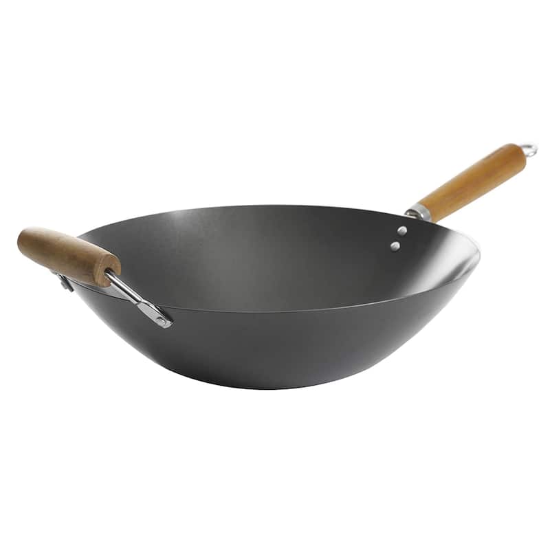 Kenmore Hammond 14 Inch Flat Bottom Carbon Steel Wok in Black