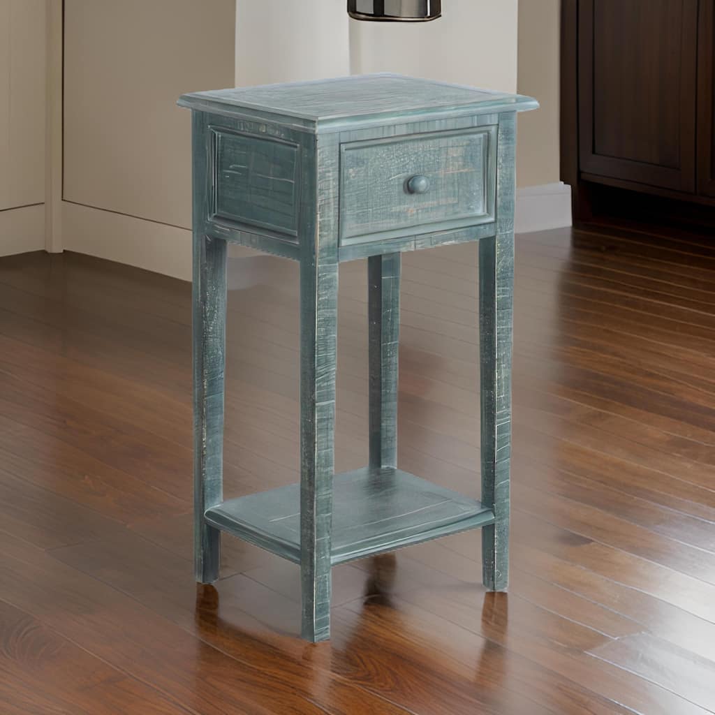 Rena Side End Table with 1 Drawer, 17 Inch Rustic Green Mahogany Wood