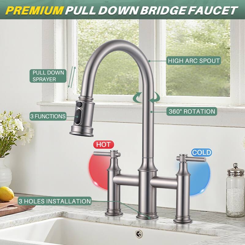 WOWOW Double Handle Pull Down Sprayer Bridge Kitchen Faucet