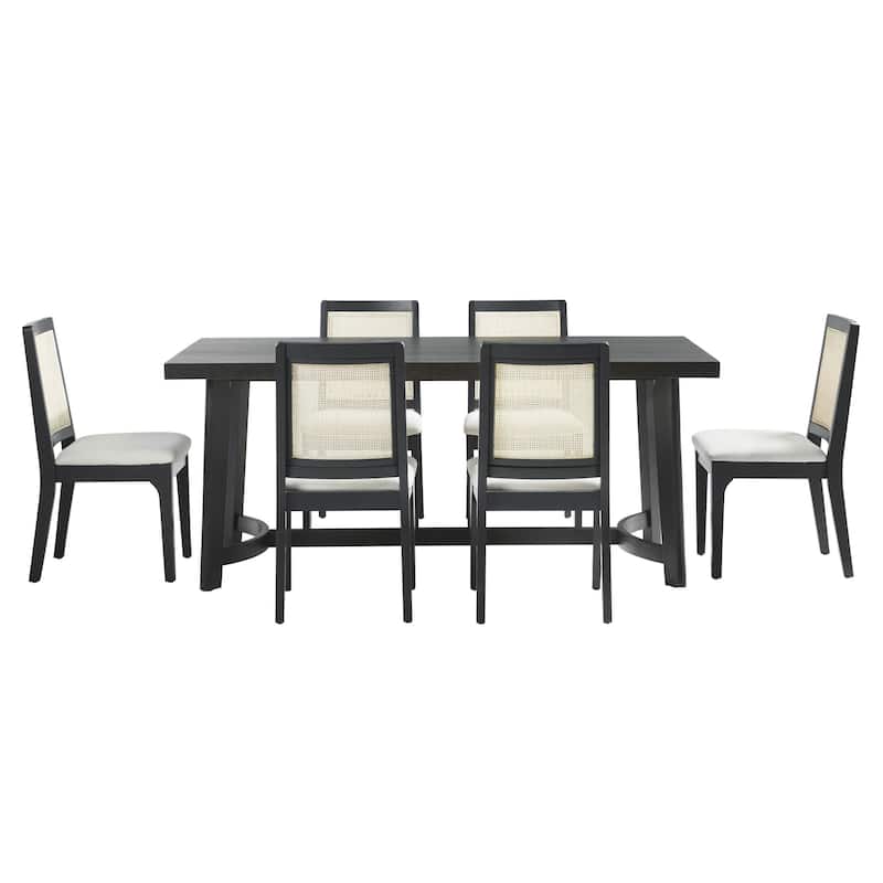 Walker Edison 7-Piece Rustic Solid Oak Wood Dining Table with Boho Chairs