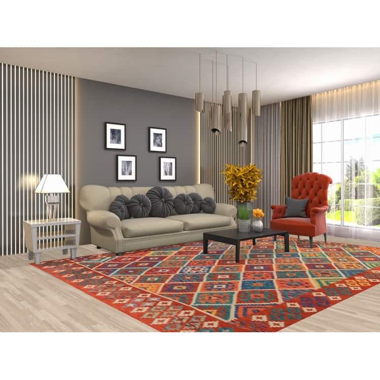 Geometric Kilim Reversible Area Rug Flatweave Orange Wool Carpet - 8'0"x 11'2"