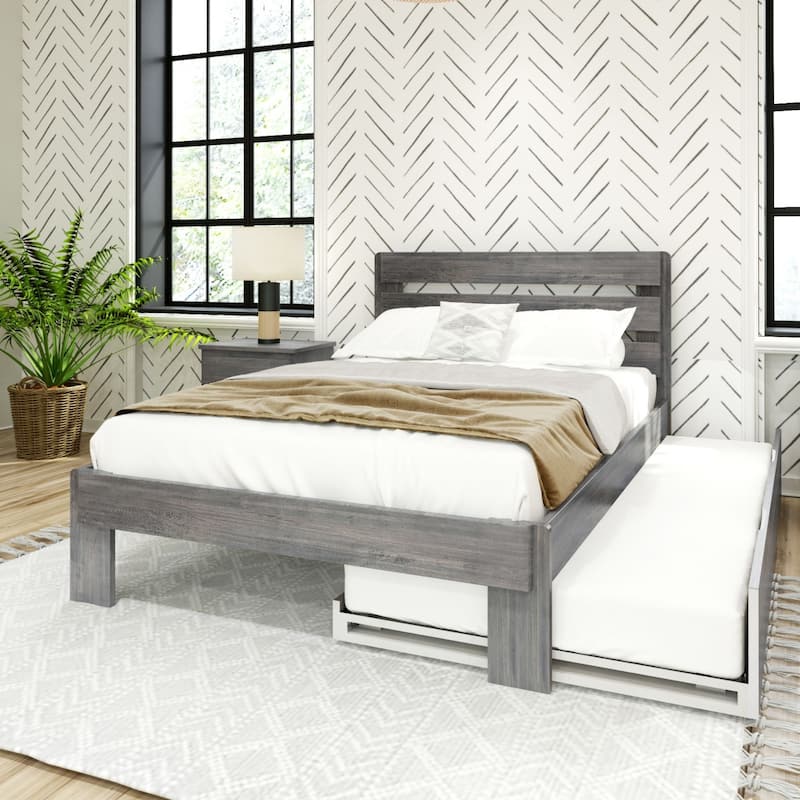 Max and Lily Farmhouse Full Bed with Plank Headboard and Trundle - Driftwood