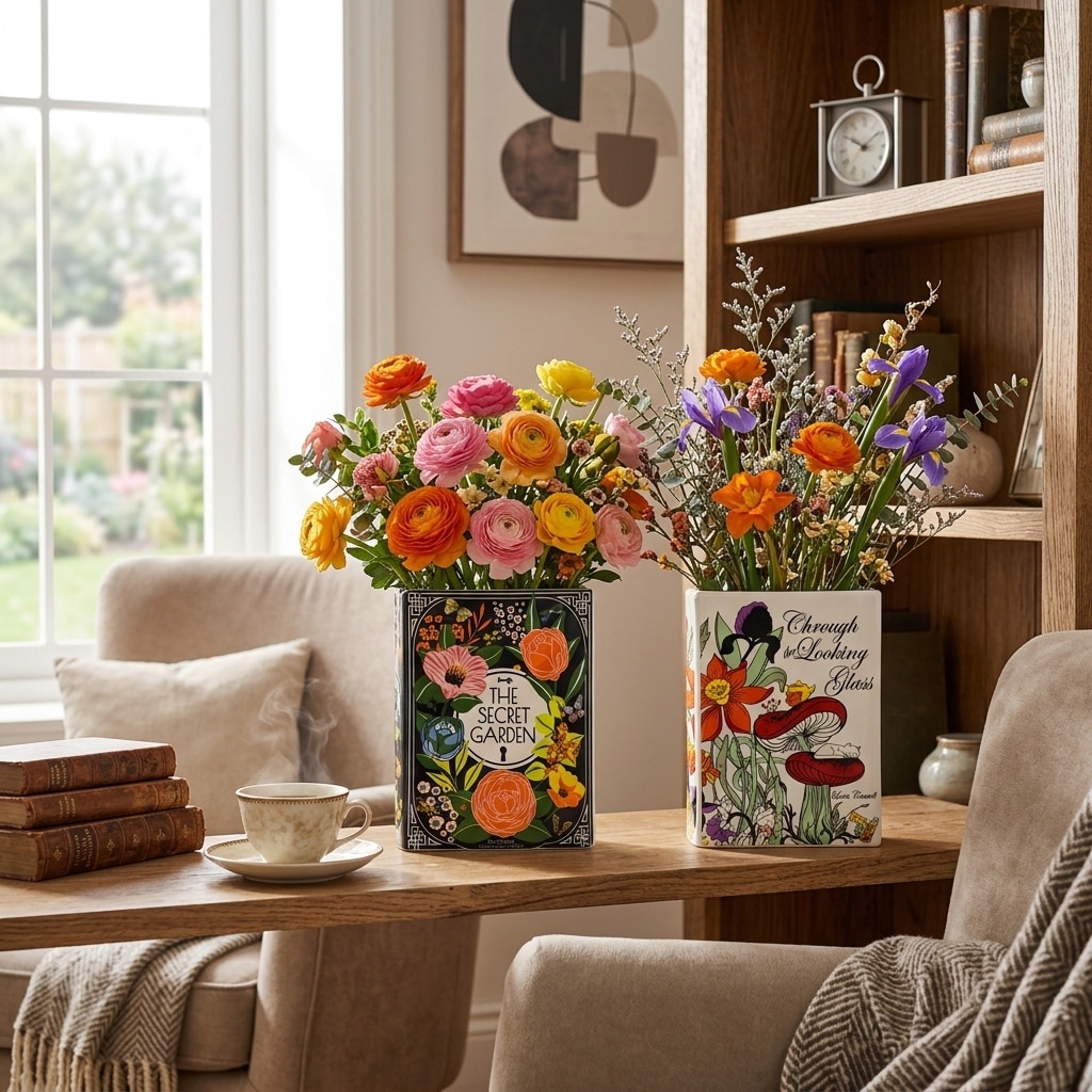 Decorative Vases Set of 2 - Ceramic Floral Book, 8 in.