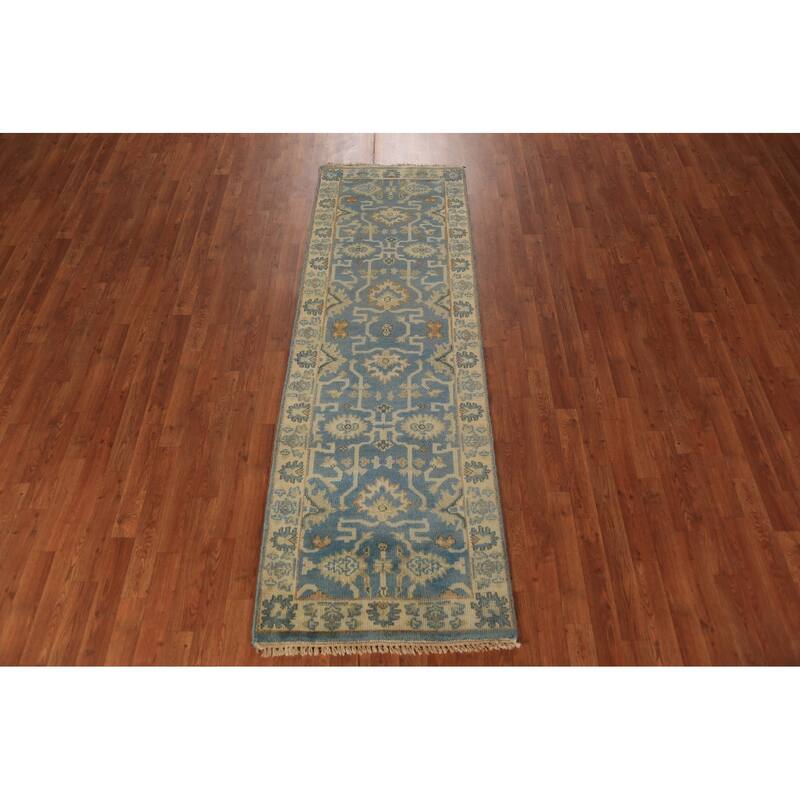 Blue Geometric Oushak Indian Runner Rug Hand-Knotted Wool Carpet - 2'7"x 7'9"
