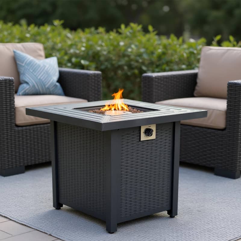 Anmytek Propane Fire Pit Table Outdoor Wicker Style Patio Heater with Lava Rocks Black Backyard Deck