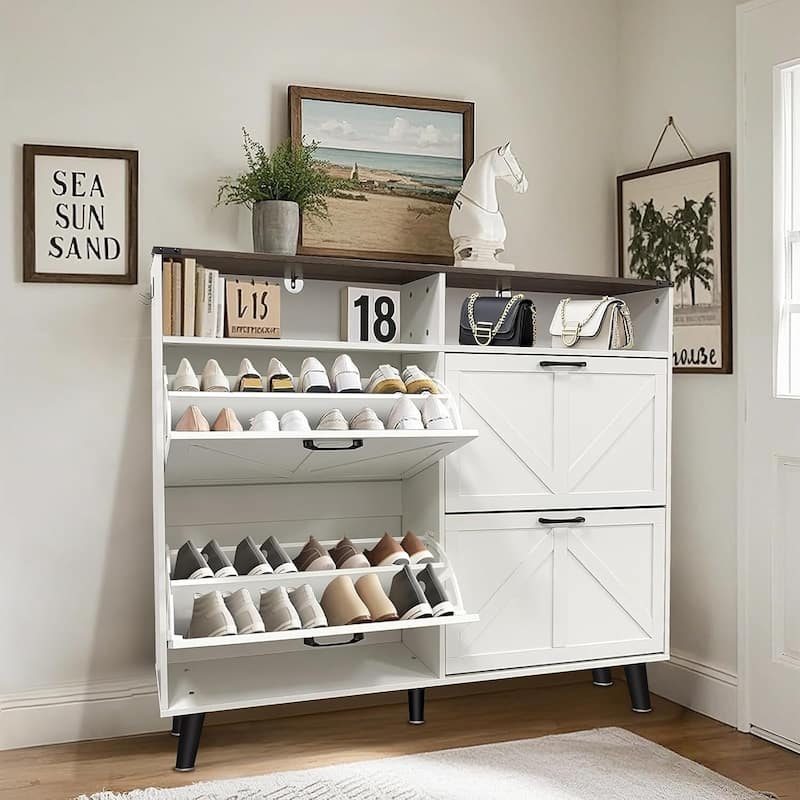 Freestanding Hidden Shoe Cabinet Storage with 4 Flip Drawers for Entryway, Foyer, Hallway - White