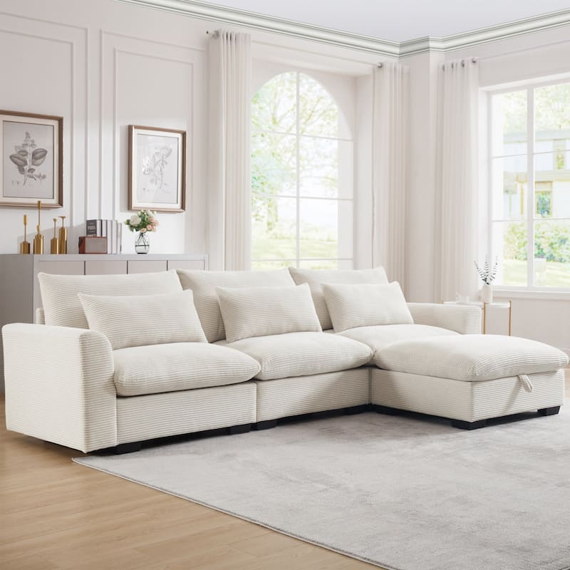 122" Modular Corduroy Sectional Sofa with Storage Ottoman for Living Room - Beige