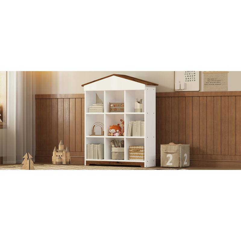 House shaped Storage Rack with Nine Storage Compartments,Three layer Bookshelf with Colorblock Design