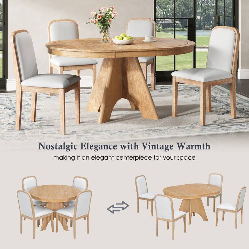 Vintage 5-Piece Extendable Dining Table Set with 4 Upholstered Chairs for Rustic Farmhouse Kitchen Aesthetics