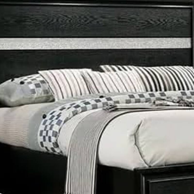 Cevy Queen Size Bed, Footboard Drawers, Black Wood w Glitter Accents