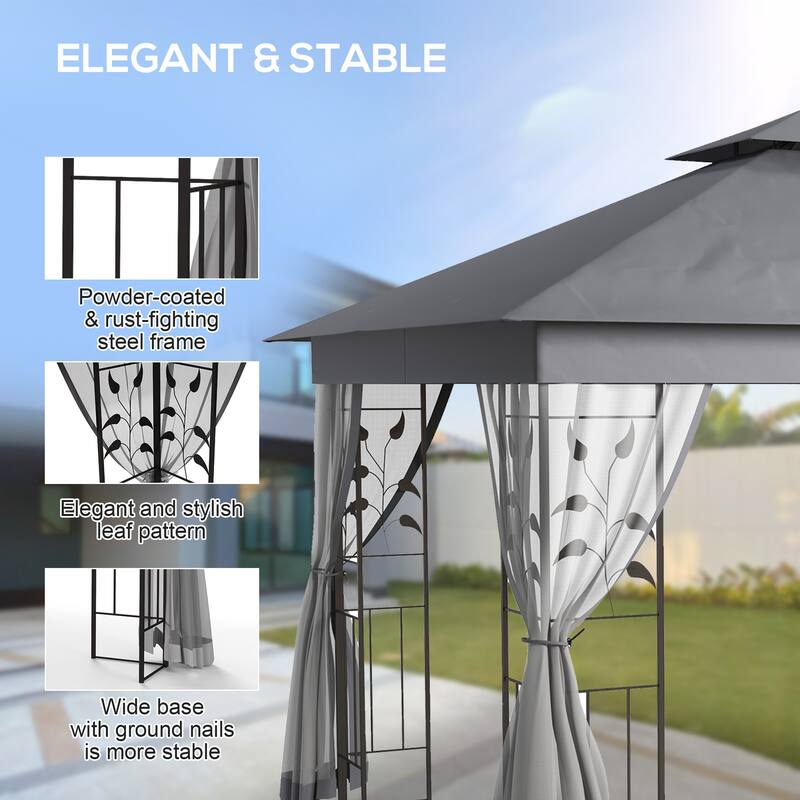 Outsunny 10' x 11.5' Metal Patio Gazebo, Double Roof Outdoor Gazebo Canopy Shelter with Tree Motifs Corner Frame and Netting