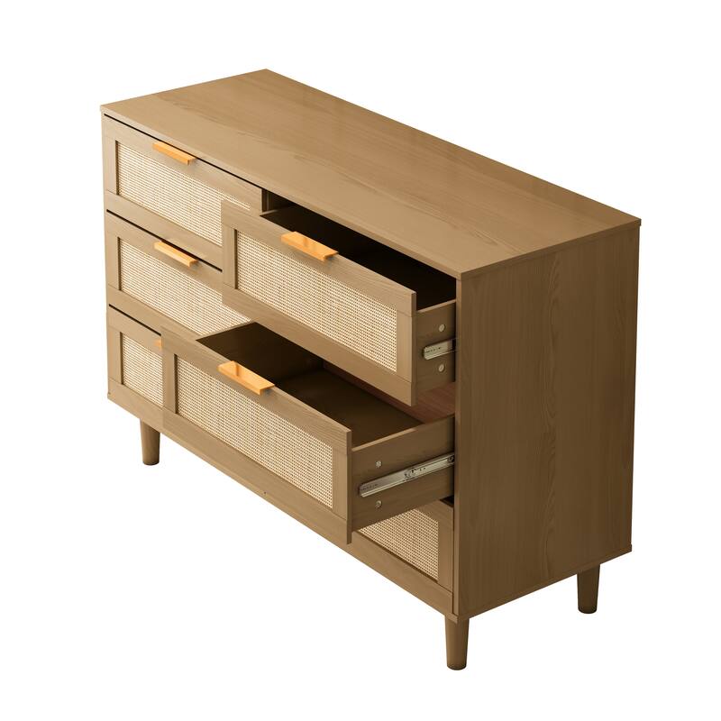 Roomfitters Oak 6-Drawer Rattan Dresser for Bedroom and Living Room - Spacious Boho Chic Storage Organizer