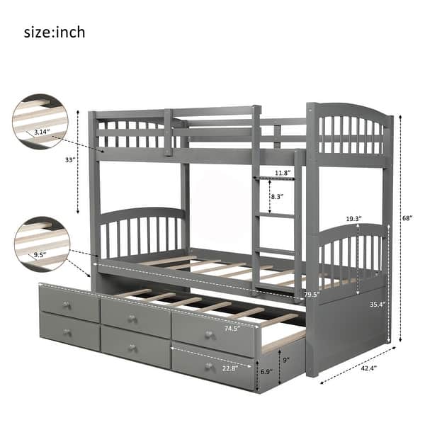 Modern Design Wood Bunk Bed with Ladder, Multifunctional Trundle Bunk Bed with Drawers, Grey