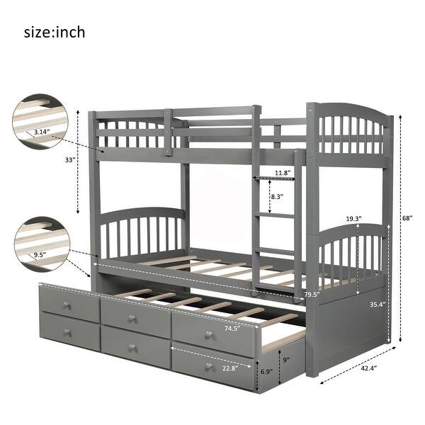 Wood Bunk Bed with Twin Size Trundle Bed, Grey