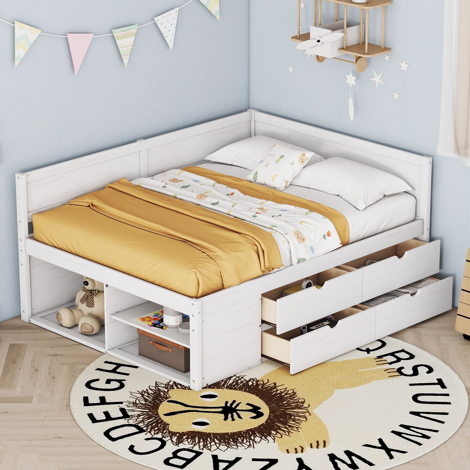 Twin Full Size Daybed with 4 Storage Drawers and Shelves Wooden Platform Bed Frame Corner Bed with L Shaped Headboard and Slats On Sale Bed Bath Beyond 40393120