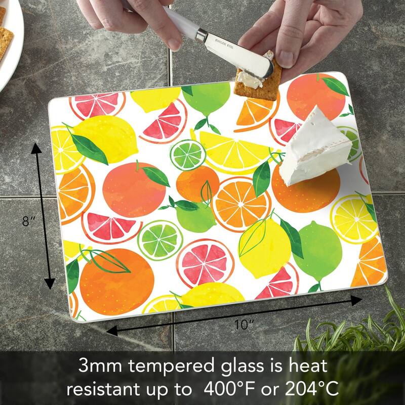 Fruity Summer 3mm Heat Tolerant Tempered Glass Cutting Board 10” x 8” Manufactured in the USA Dishwasher Safe