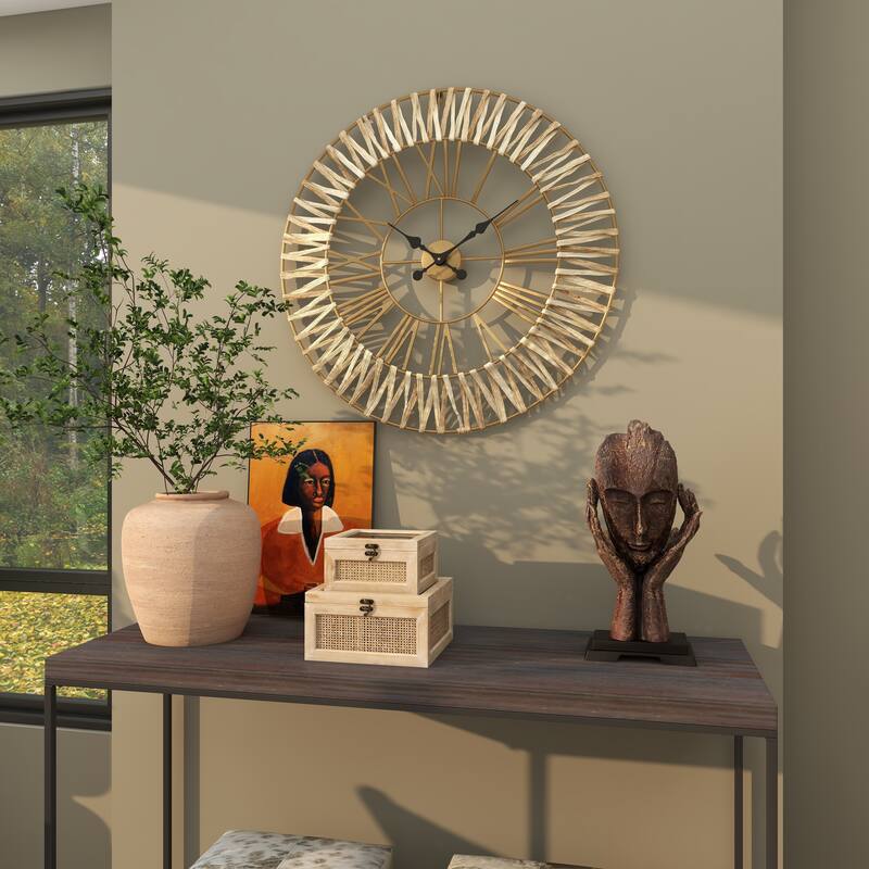 Brown Seagrass Woven Decorative Wall Clock with Gold Metal Frame