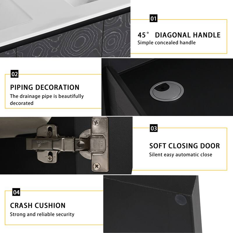 Plywood Wall Mounting Bathroom Vanity Set in Black with Integrated Ceramic Sink - 48" x 18" x 17"