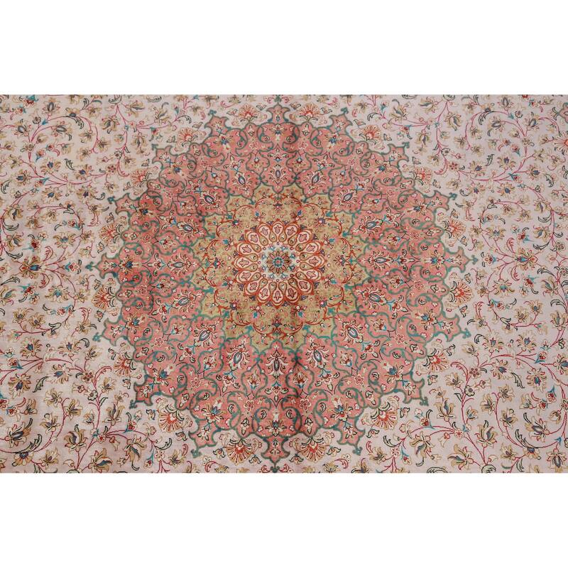 Hand Knotted Oriental 100% Silk Carpet Traditional Floral Beige & Ivories Qum Area Rug - 9' 11'' X 6' 5''