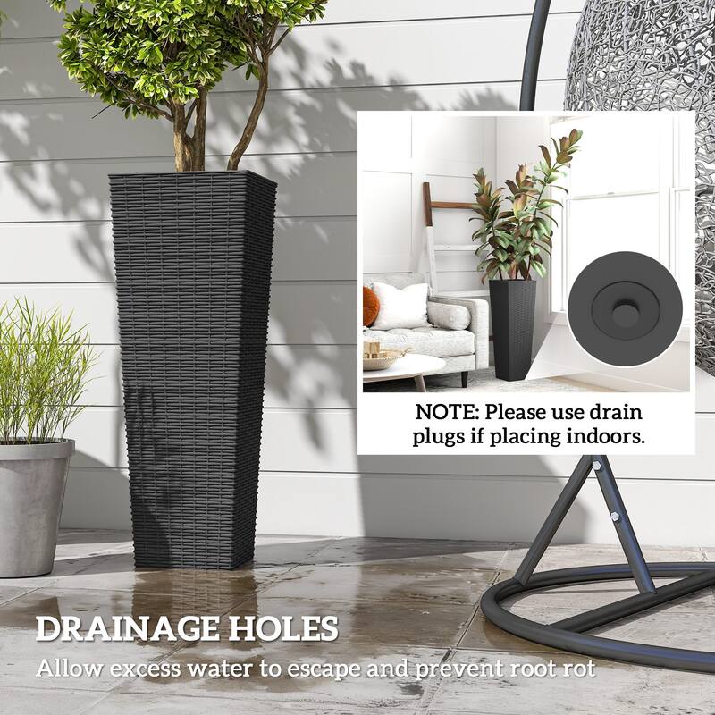 Outsunny 32 Inch Tall Planters for Outdoor Plants, Set of 2 Plastic Rattan-Like Flower Pots with Drainage Holes