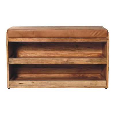 Artisan Furniture Solid Wood Buffalo Hide Pull out Oak-ish Shoe Storage Bench, Brown