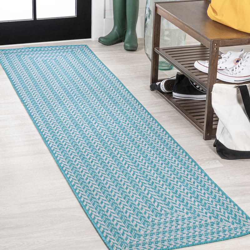 JONATHAN Y Lucia Modern Concentric Squares Indoor/Outdoor Area Rug - 2 X 8 - Aqua/Light Gray