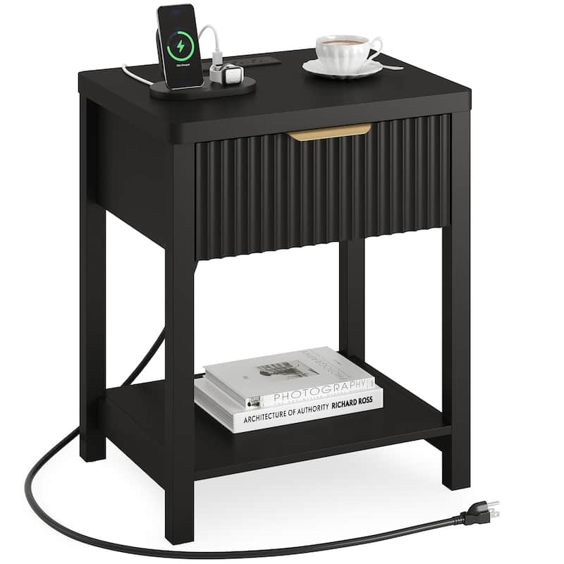 Nightstand with Drawers Fluted Bedside Table with Charging Station