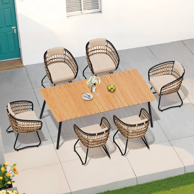 7-Piece Patio Dining Set Outdoor Aluminum Dining Table and PE Rattan Wicker Dining Chairs
