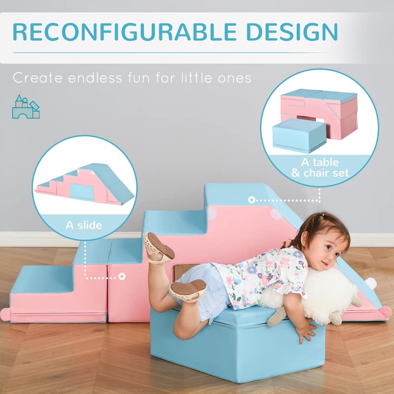 2-in-1 Kids Soft Play Set for Toddlers Ages 1-3 Climbing Crawling Sliding Table Chair PU Foam Pink Blue - N/A