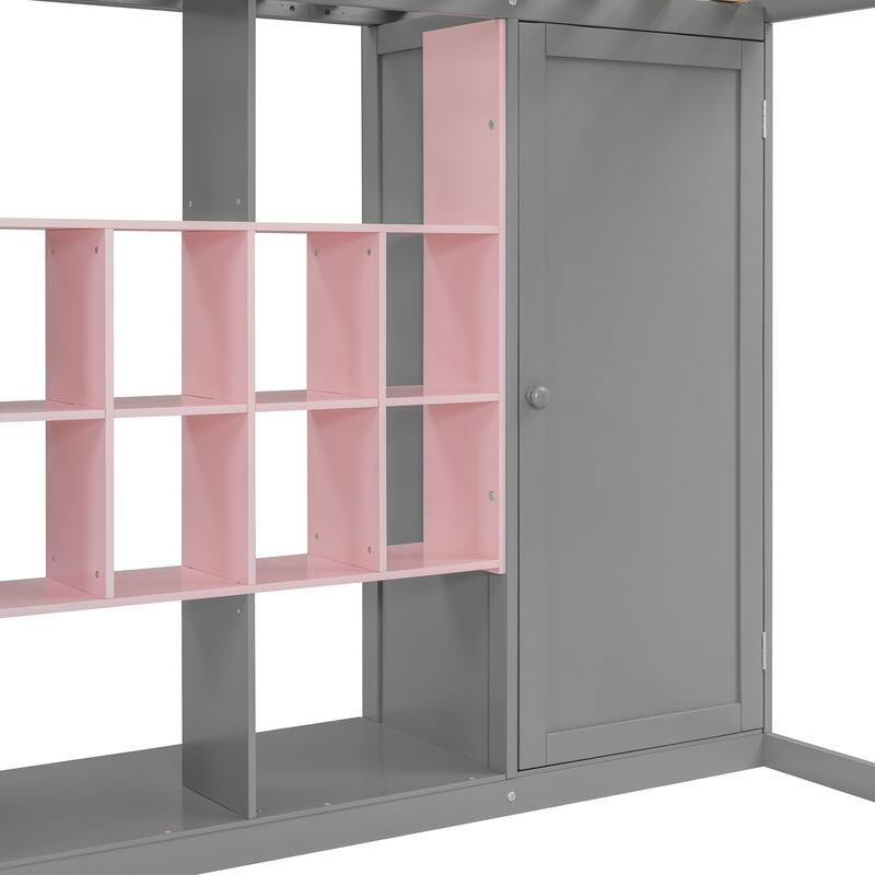Space-Saving Wood Loft Bed with Wardrobe, Shelves, and Cabinet in Gray and Pink