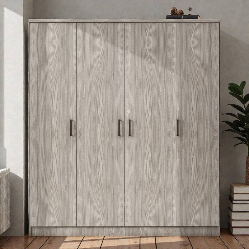 4 Door Wardrobe Closet with Drawer and Hanging Rail, Modern MDF Bedroom Armoire Storage Cabinet - Grey