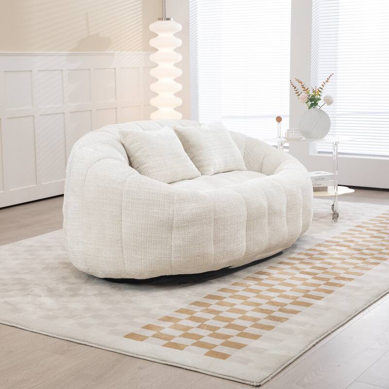 Chenille Giant Bean Bag Chair, High-Density Foam Lazy Sofa Chair, Round Bean Bag Sofa with 2 Pillows & Curved Armrests