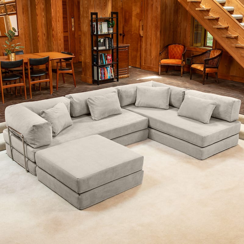 Jaxx Unsofa Modular Convertible Sectional Sofa with Fold Out King Sleeper Bed - U-Shaped Sectional. - Corduroy Stucco Grey