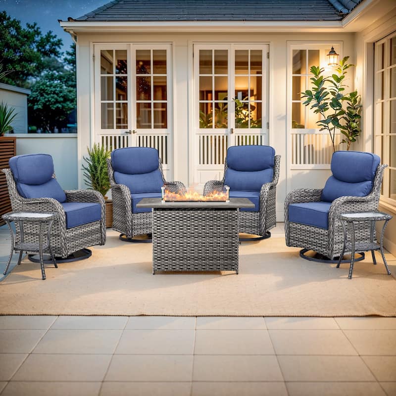 Pocassy Outdoor 6 Inch Sofa Chair Ottoman with Fire Pit Table Set - Grey Wicker Blue Cushion - 7 Pieces Swivel Chair Table with Fire Table