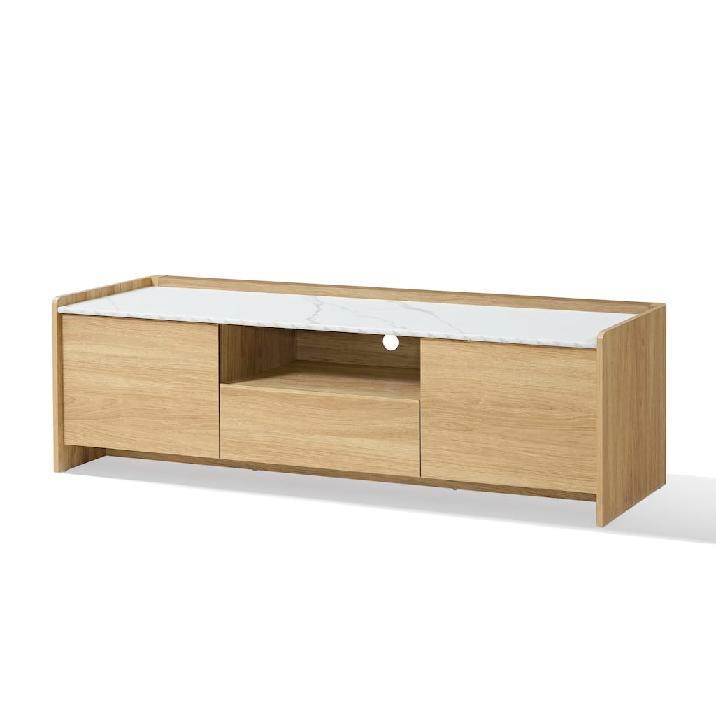 Hazel Oak 62.5" Wide TV Media Console with Faux Marble Top, Manufactured Wood - 18.8" H x 62.4" W x 15.5" D