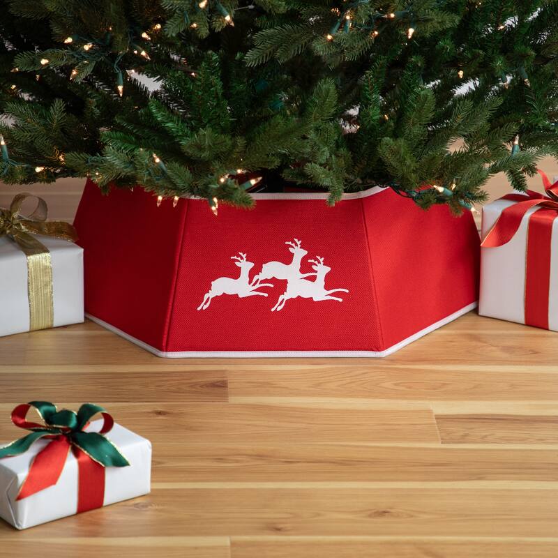 26" Red Burlap with Reindeer Hexagonal Christmas Tree Collar