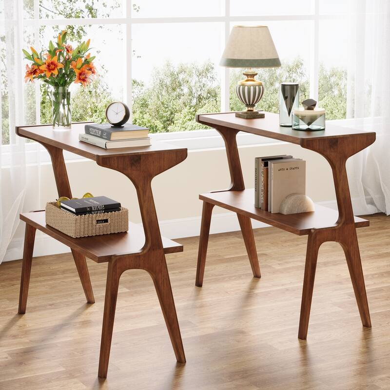 Modern SideTable with Storage Shelf, Sofa End Table with Solid Wood Legs, Bedside Table, Nightstand for Bedroom, Living Room