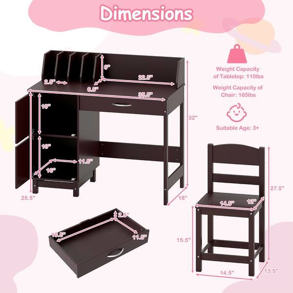 Gymax Kids Study Desk & Chair Set w/Chair 2 Storage Cabinets Drawer 4