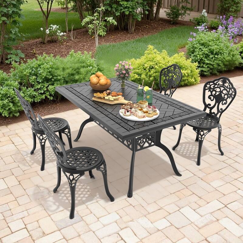 Traditions 5-Piece Patio Outdoor Dining Set with 4 Dining Chairs and Rectangular Dining Table, Rust Free - Black