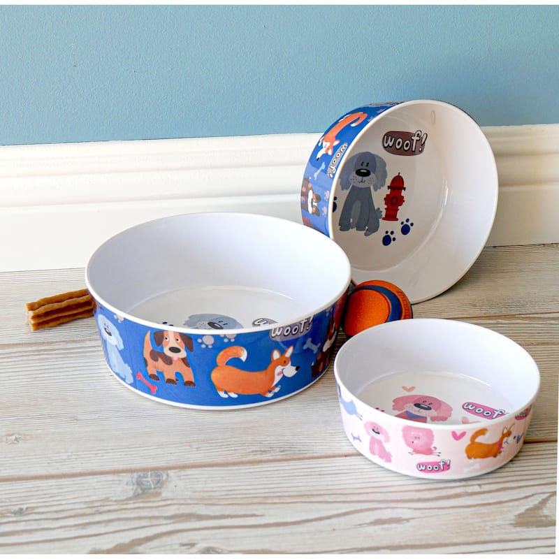 Abode Homewares Whimsy Dogs Melamine Pet Bowl - Large - 5 Cups - Blue - Set of 2