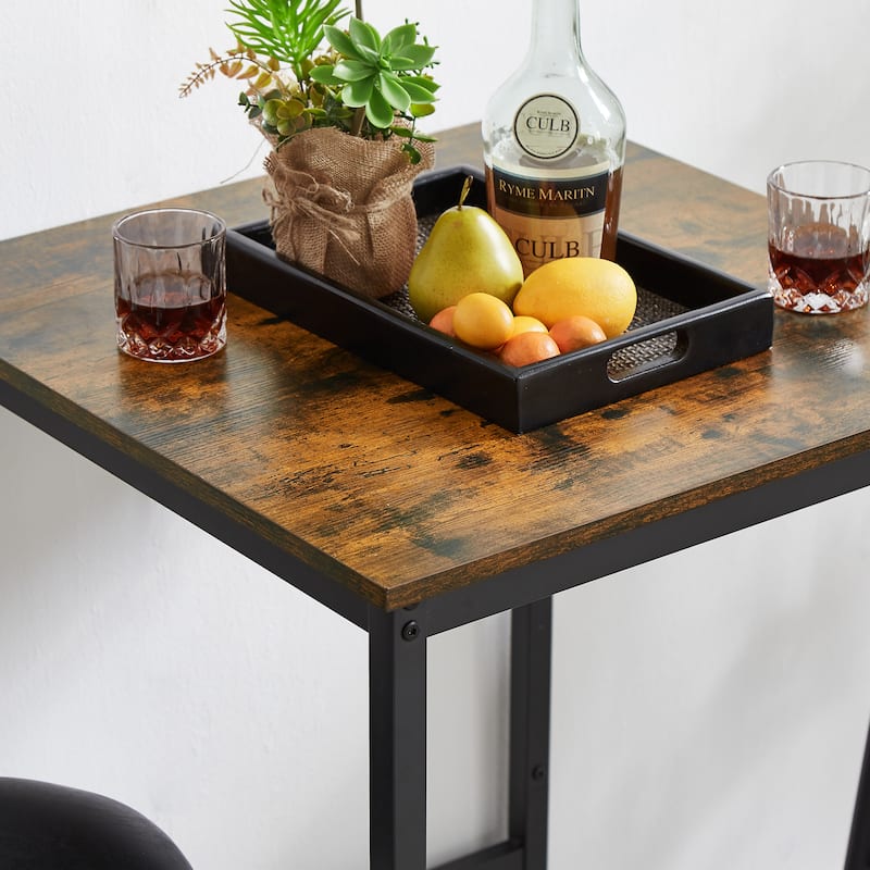Industrial-Style 3-Piece Bar Table Set with Upholstered Stools, Rustic Woodgrain Tabletop, and Space-Saving Design