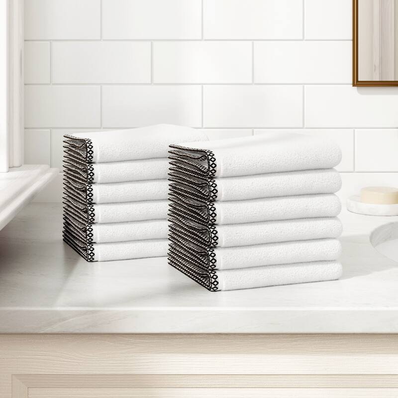 Linery & Co. Quick-Dry Cotton and Decorative Border Towel Set - White / Black - Washcloth (Pack of 12)