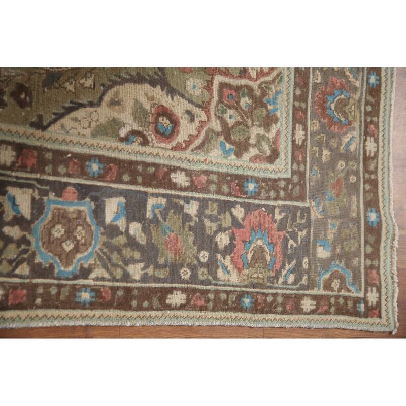 Hand Knotted Oriental 100% Wool Carpet Traditional Floral Green Tabriz Area Rug - 9' 5'' X 6' 4''